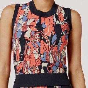 RACHEL Roy Floral Printed Crew Neck Cropped Knit Top Tangerine Navy Periwinkle